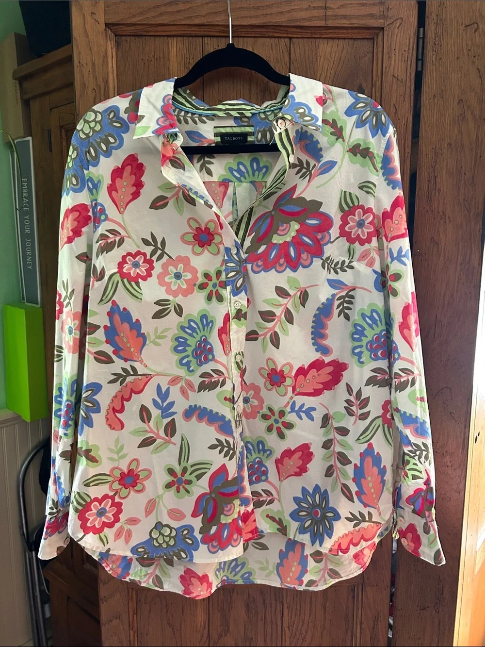 Talbots White Floral Button-Up Blouse with Pink, Blue & Green Accents - Picture 1 of 6